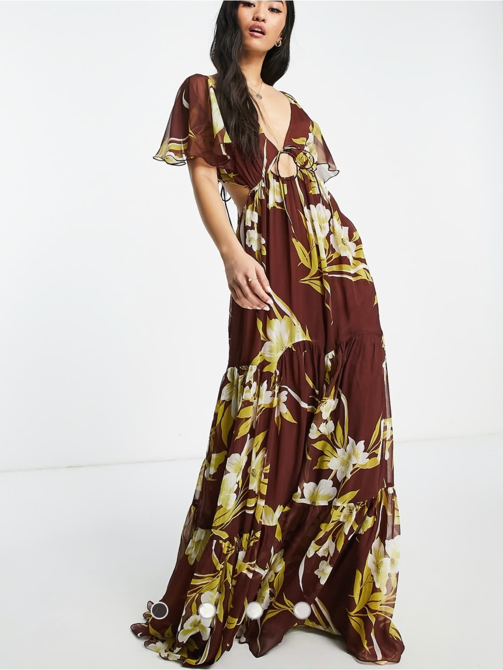 ASOS Brown Floral Cutout Maxi Dress with Yellow Accents